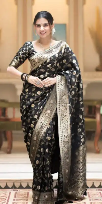 Black Soft Lichi Silk With Jacquard Work Saree