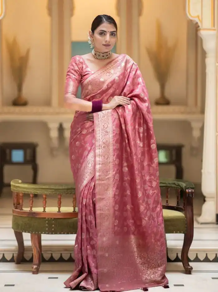 Peach Soft Lichi Silk With Jacquard Work Saree