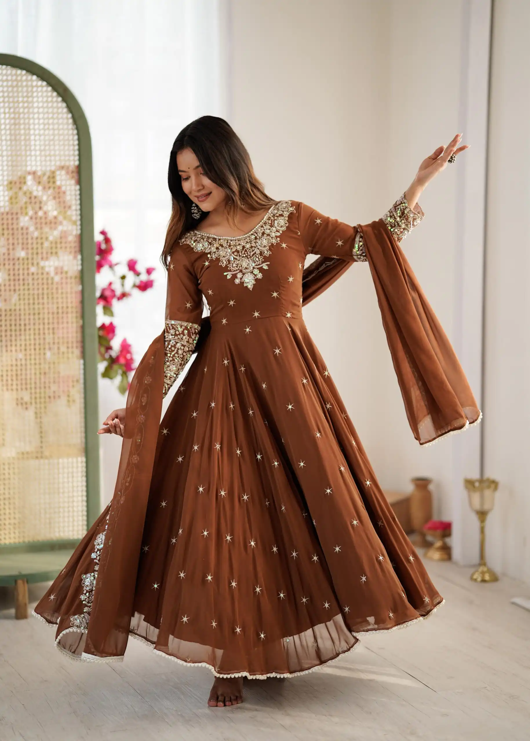 Brown Blooming Faux Embroidery Work Gown - Image 7