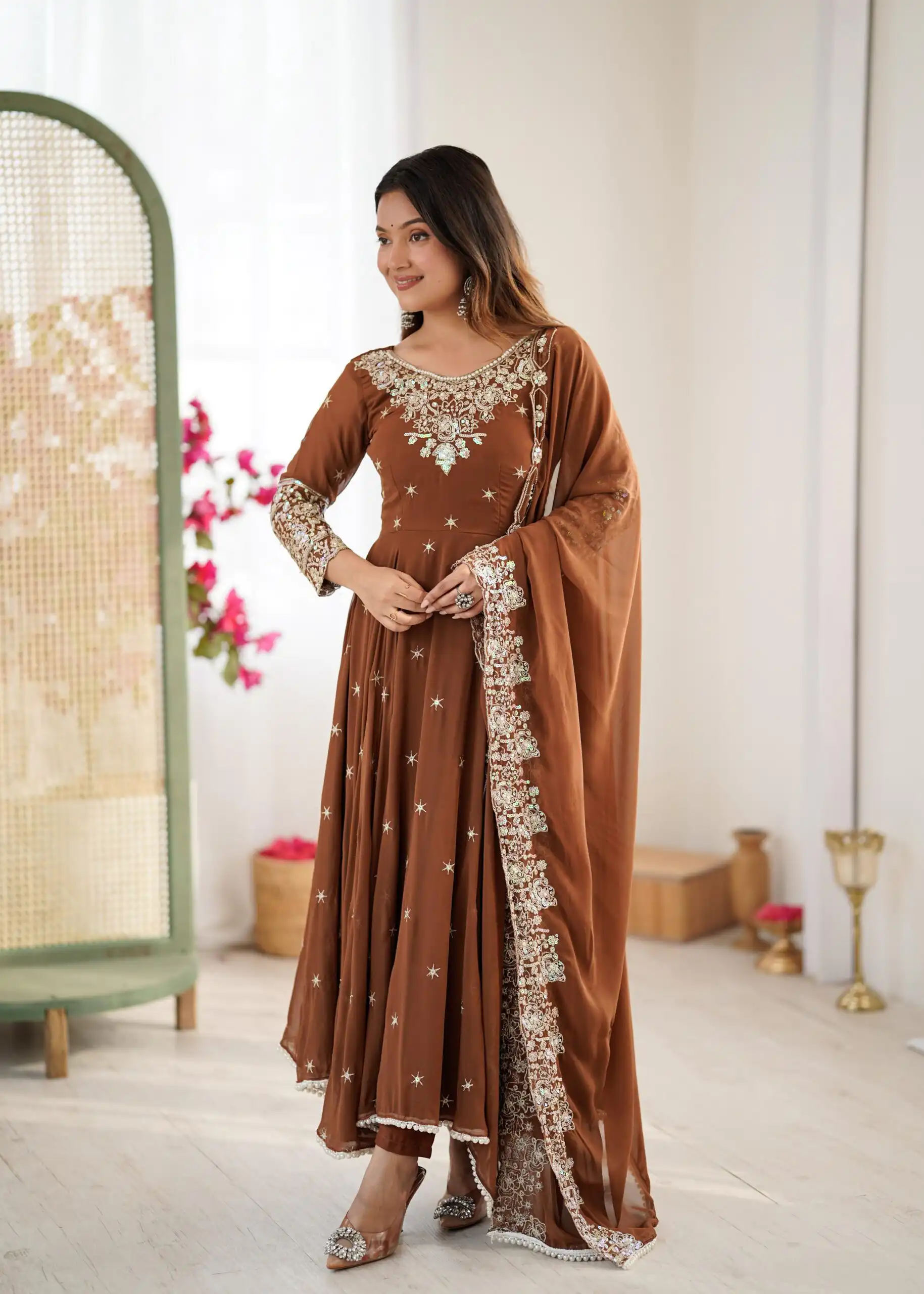 Brown Blooming Faux Embroidery Work Gown - Image 8