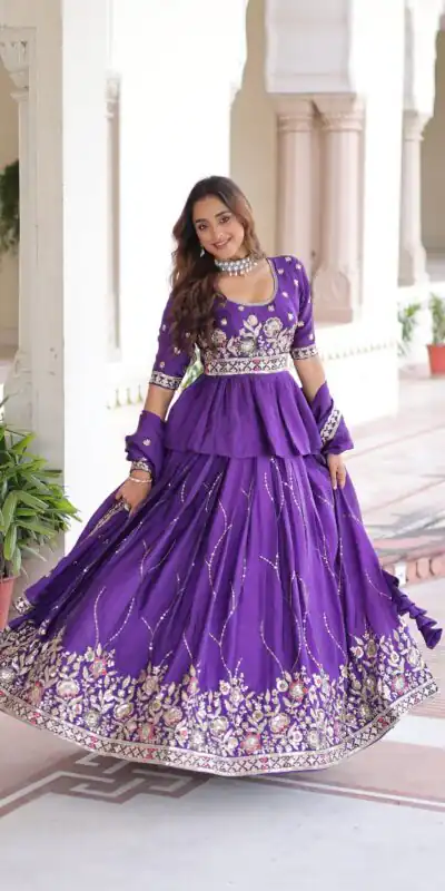Purple Gold Crush Embroidery Zari Work Lehenga Choli