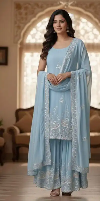 Sky Blue Peach Georgette Embroidery Work Salwar Suit