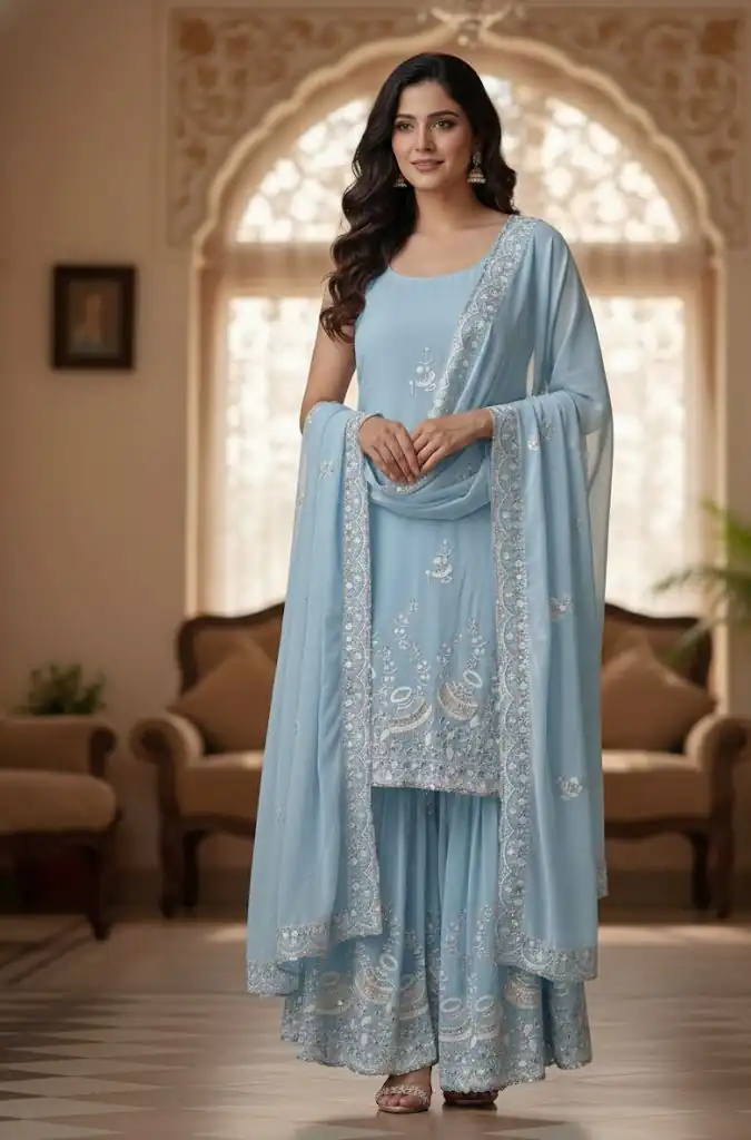 Sky Blue Peach Georgette Embroidery Work Salwar Suit