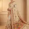 Off White Soft Pashmina Lace Zari Work Saree