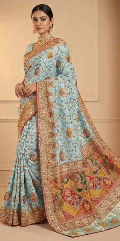 Sky Blue Soft Pashmina Lace Zari Work Saree