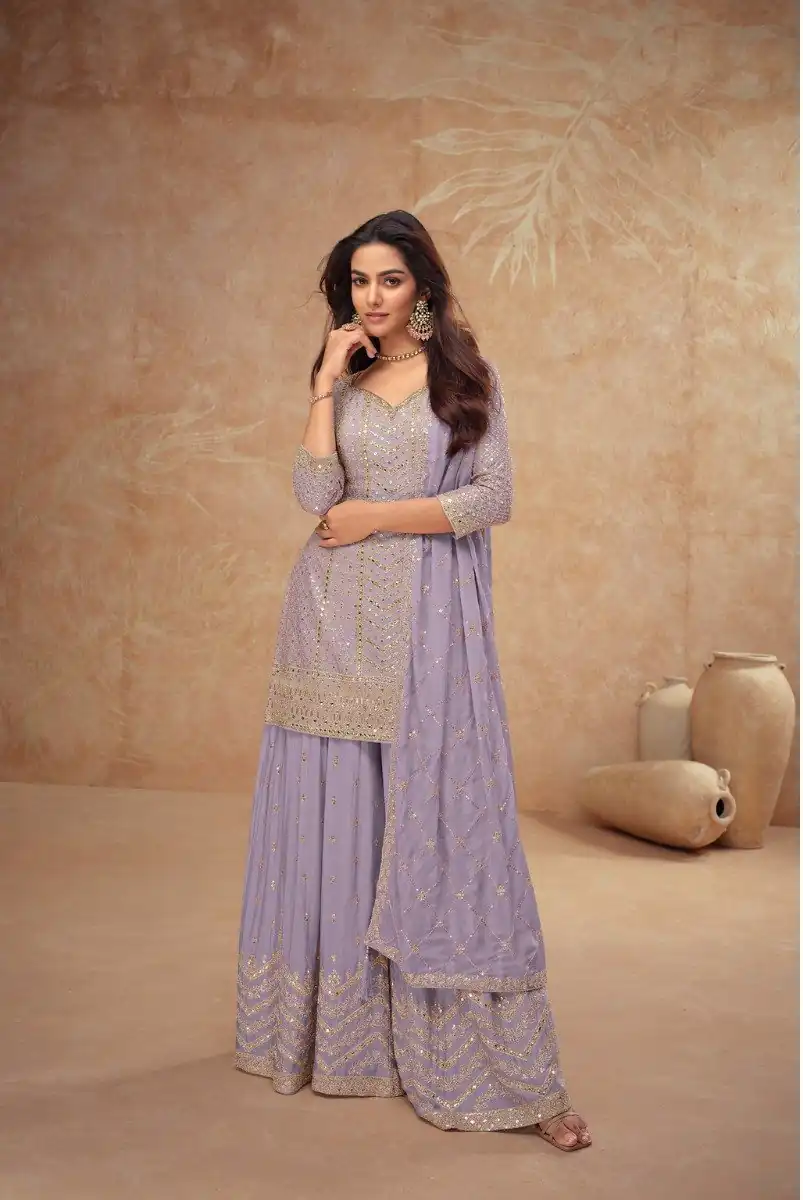 Lavender Chinon Sequence Work Salwar Suit