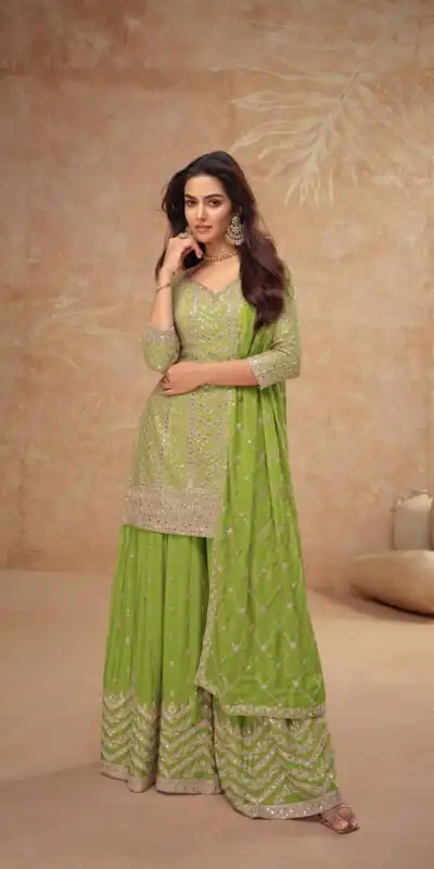 Parrot Green Chinon Sequence Work Salwar Suit