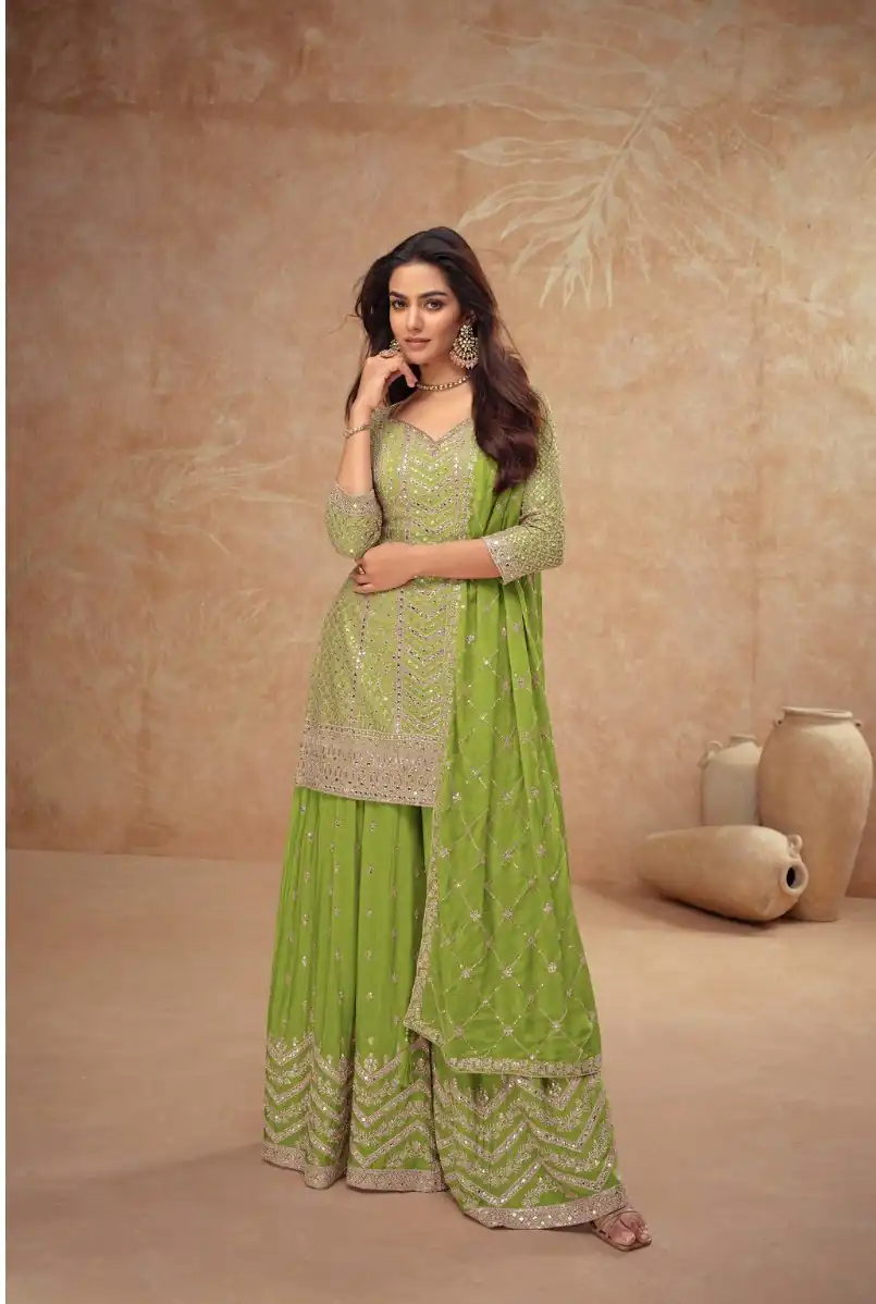 Parrot Green Chinon Sequence Work Salwar Suit