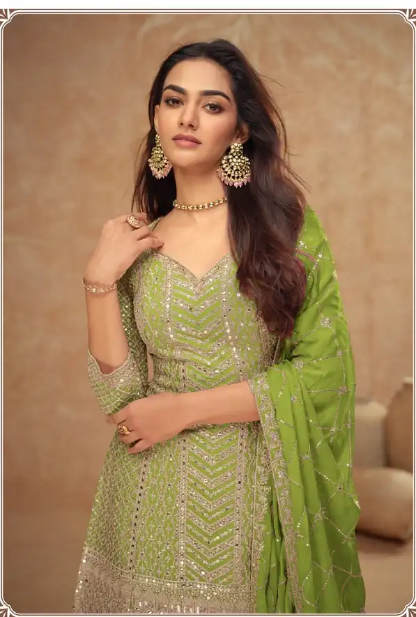 Parrot Green Chinon Sequence Work Salwar Suit - Image 2
