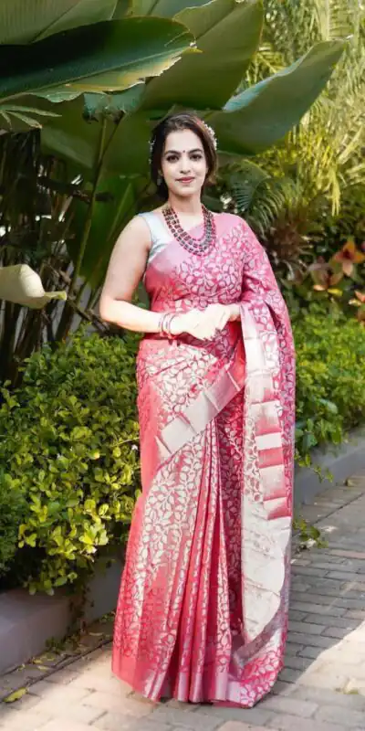 Peach Lichi Silk Lace Work Border Saree