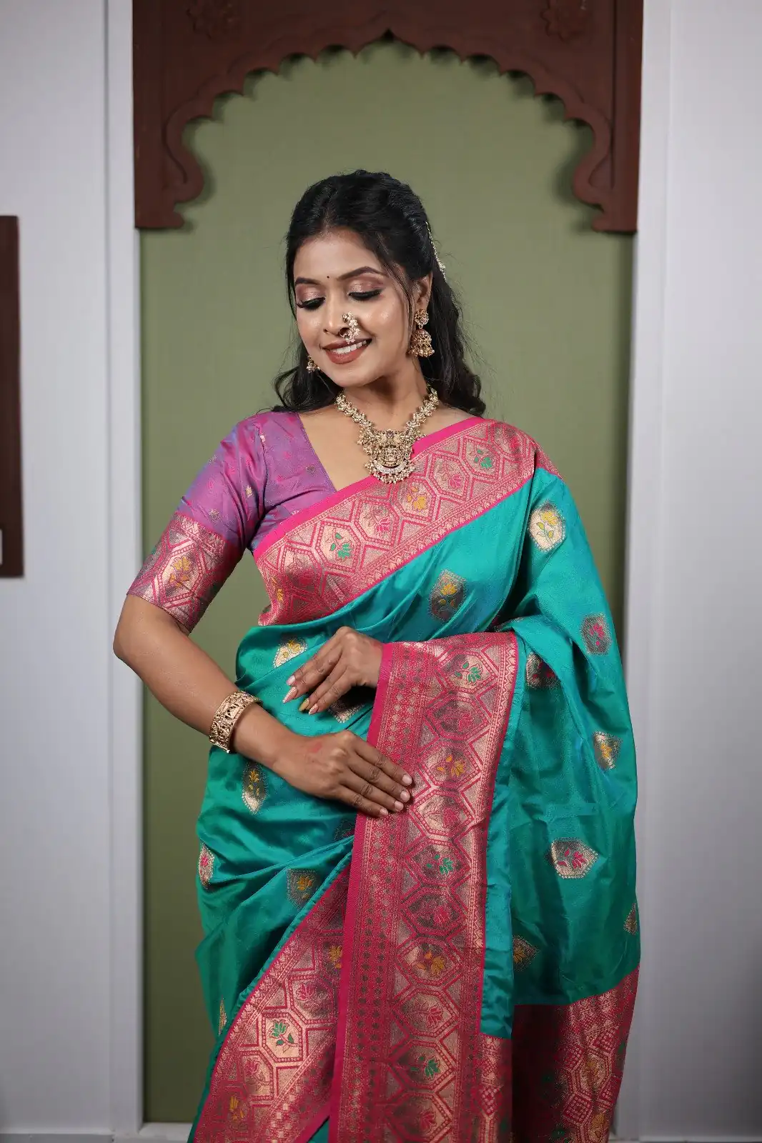 Firozi Soft Paithani Silk Zari Lace Work Saree