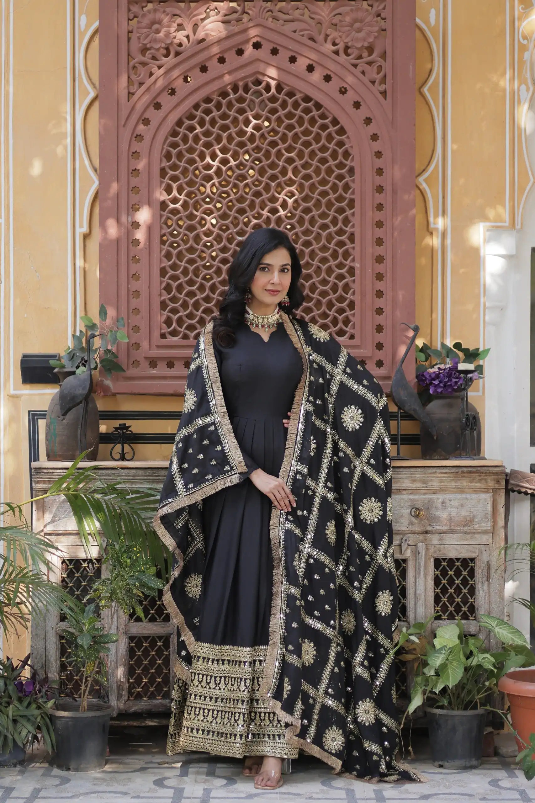 Black Star Georgette Zari Embroidery Work Gown - Image 4