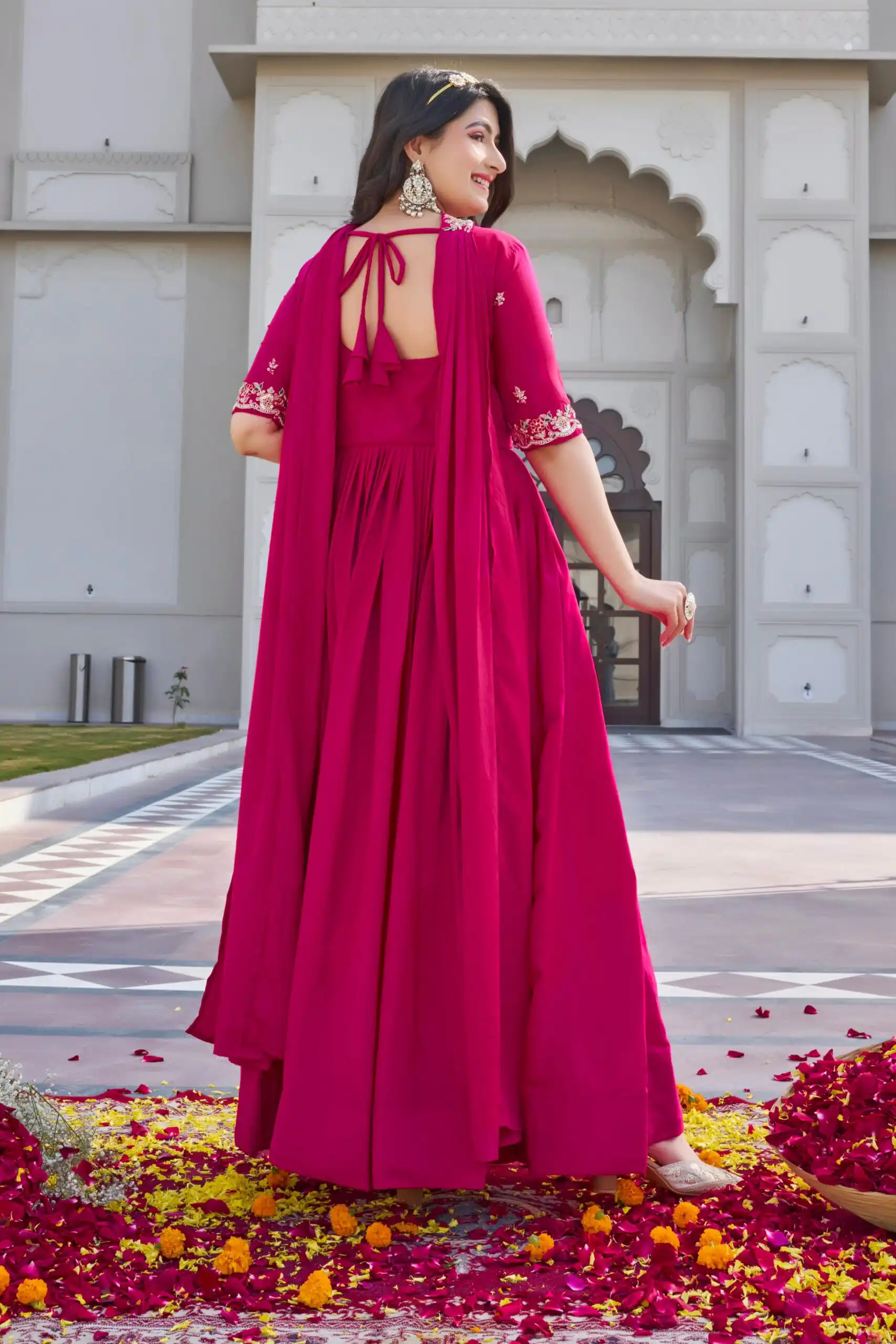 Pink Crap Silk Embroidery Work Gown - Image 4