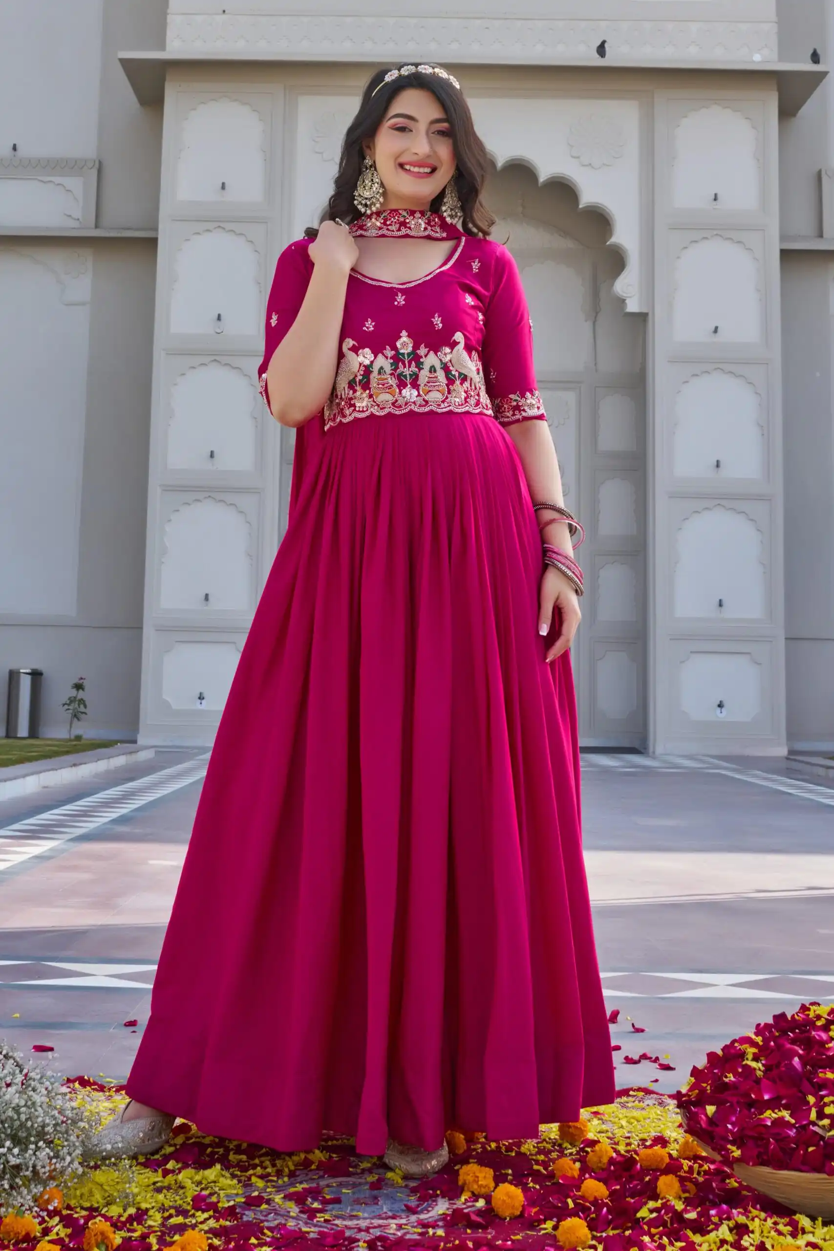 Pink Crap Silk Embroidery Work Gown