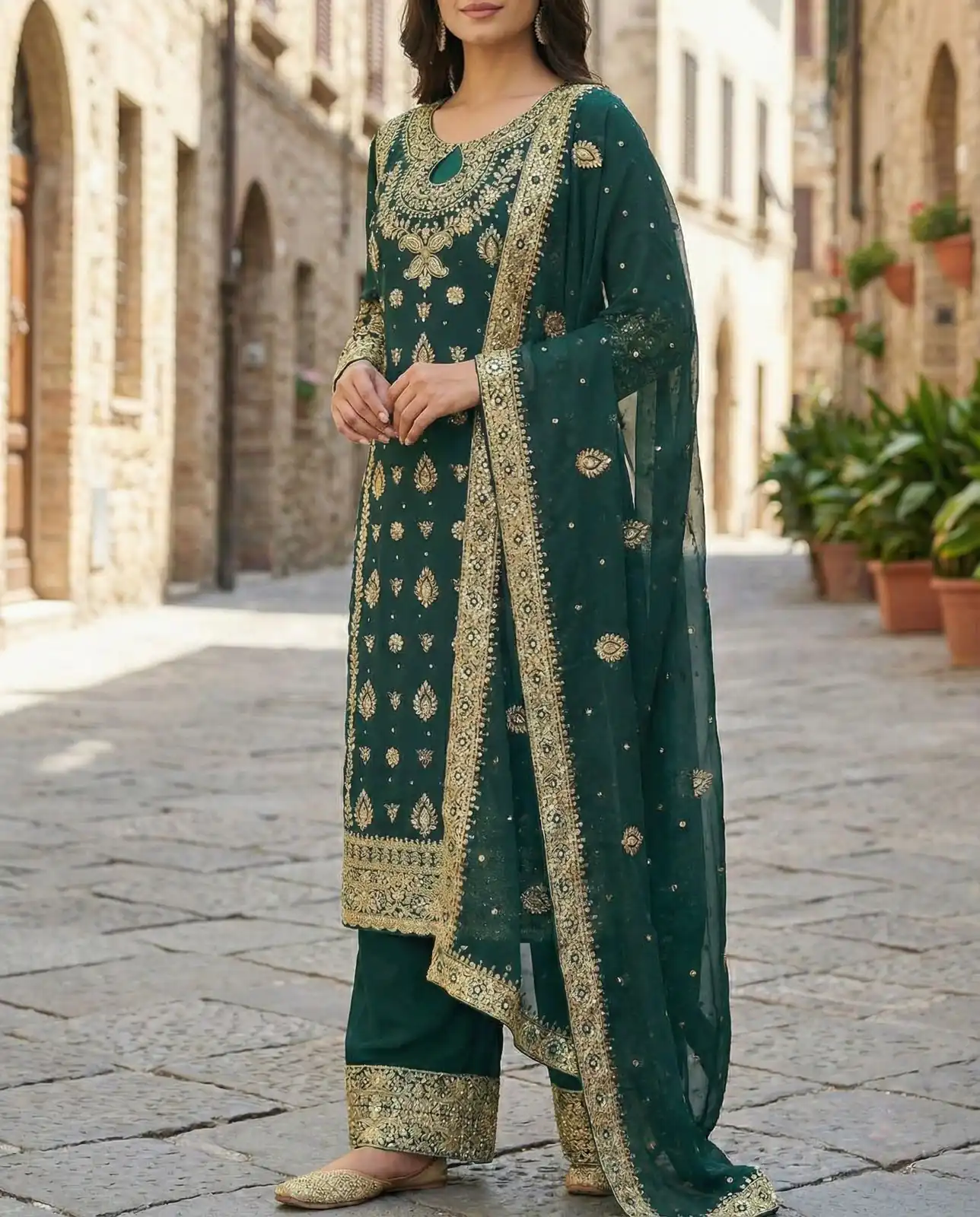 Teal Faux Georgette Sequence Work Salwar Suit - Image 2