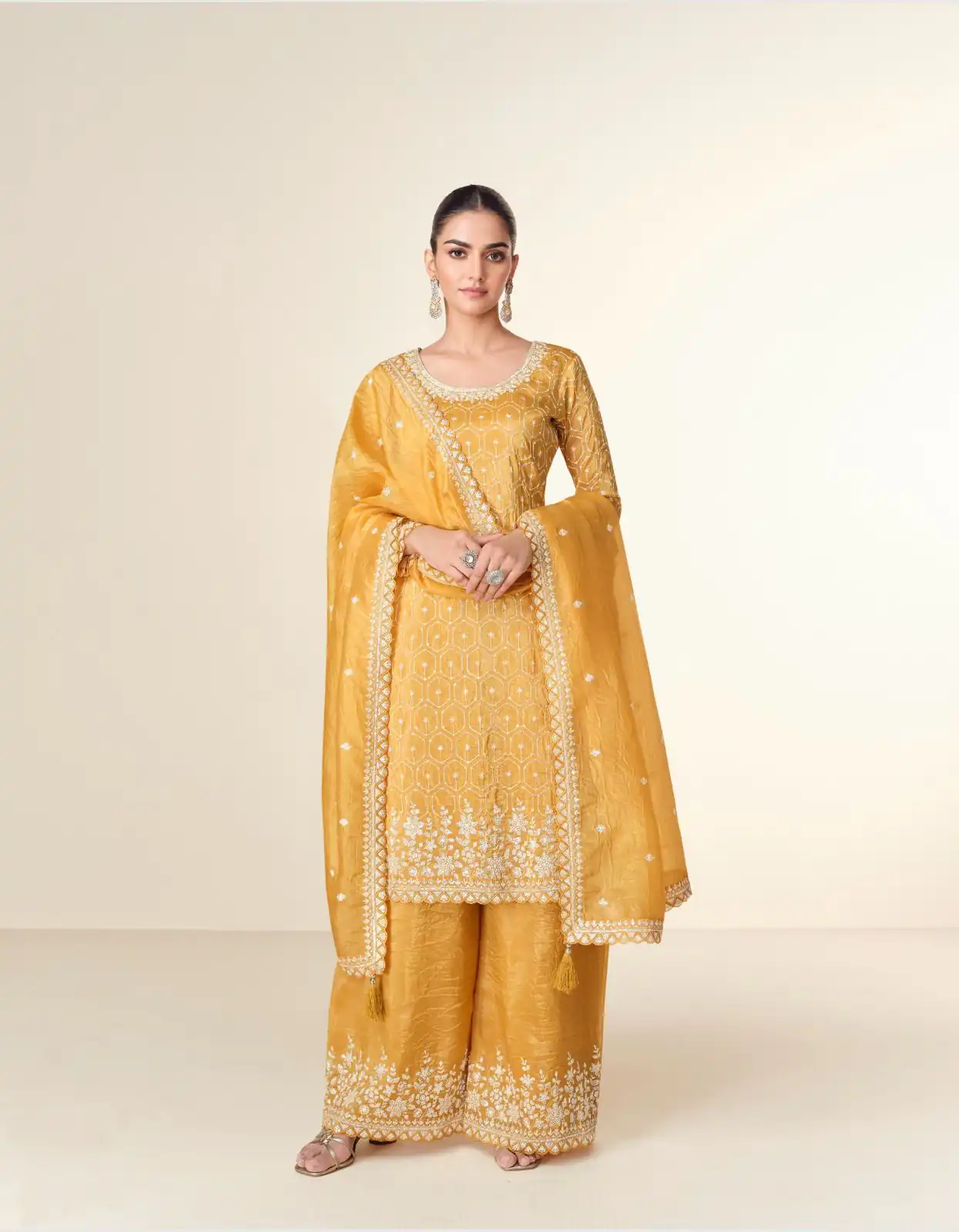 Mustered Tissue Crush Embroidery Work Salwar Suit