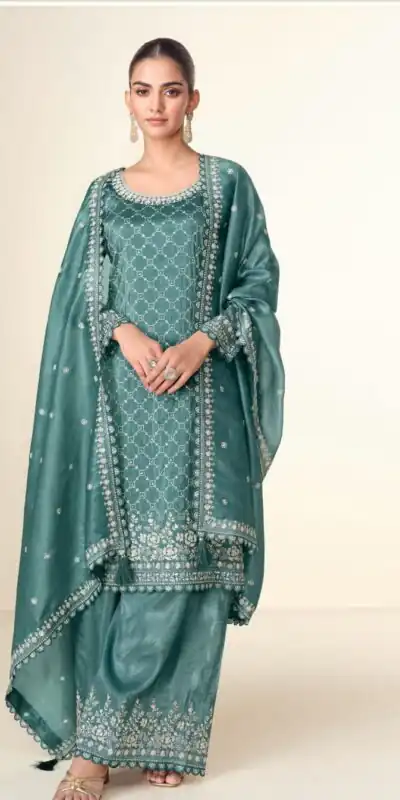 Teal Tissue Crush Embroidery Work Salwar Suit