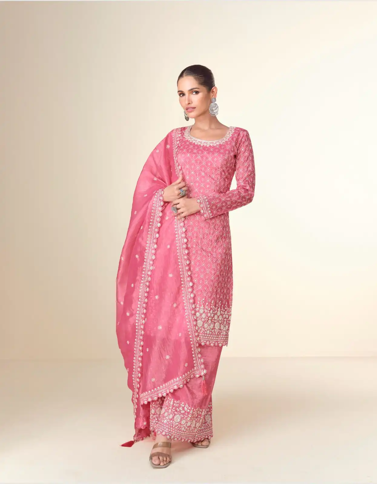 Pink Tissue Crush Embroidery Work Salwar Suit