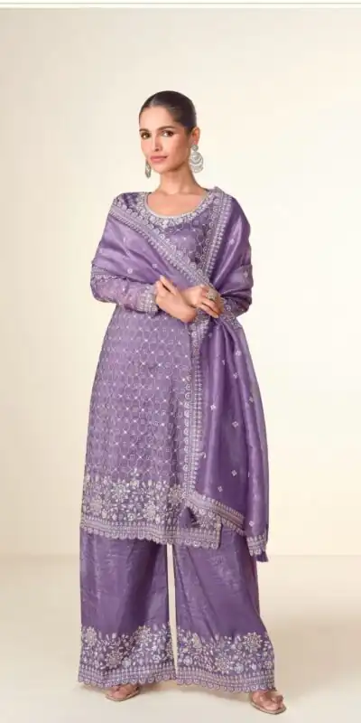 Purple Tissue Crush Embroidery Work Salwar Suit