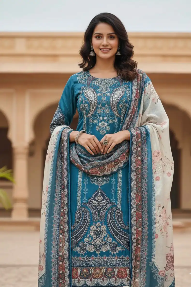 Blue Chinon Printed With Miror Work Salwar Suit - Image 2
