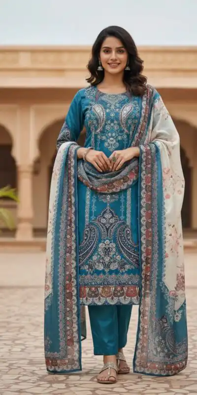 Blue Chinon Printed With Miror Work Salwar Suit