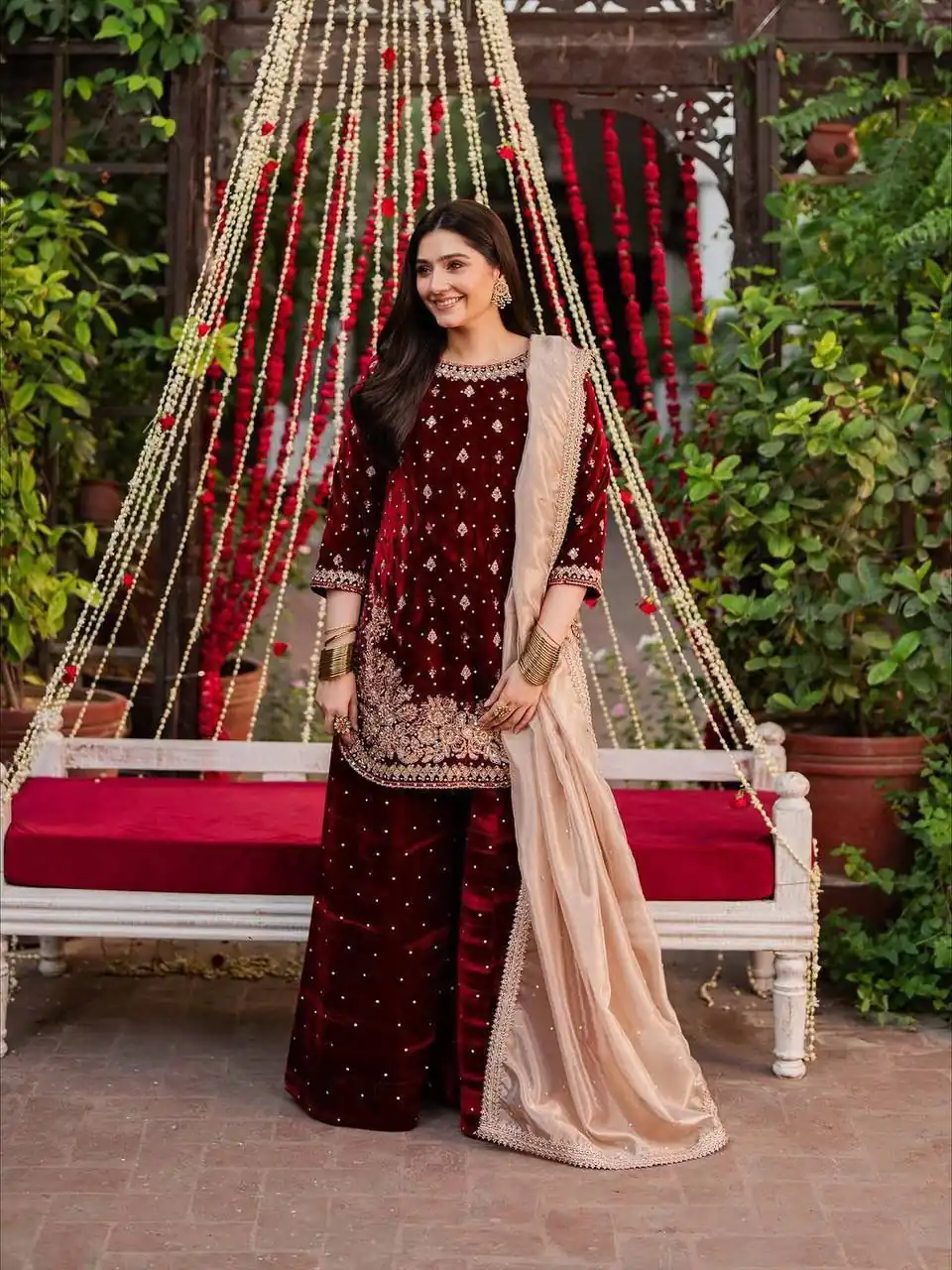Maroon Velvet Rivet Moti Hand Work Salwar Suit