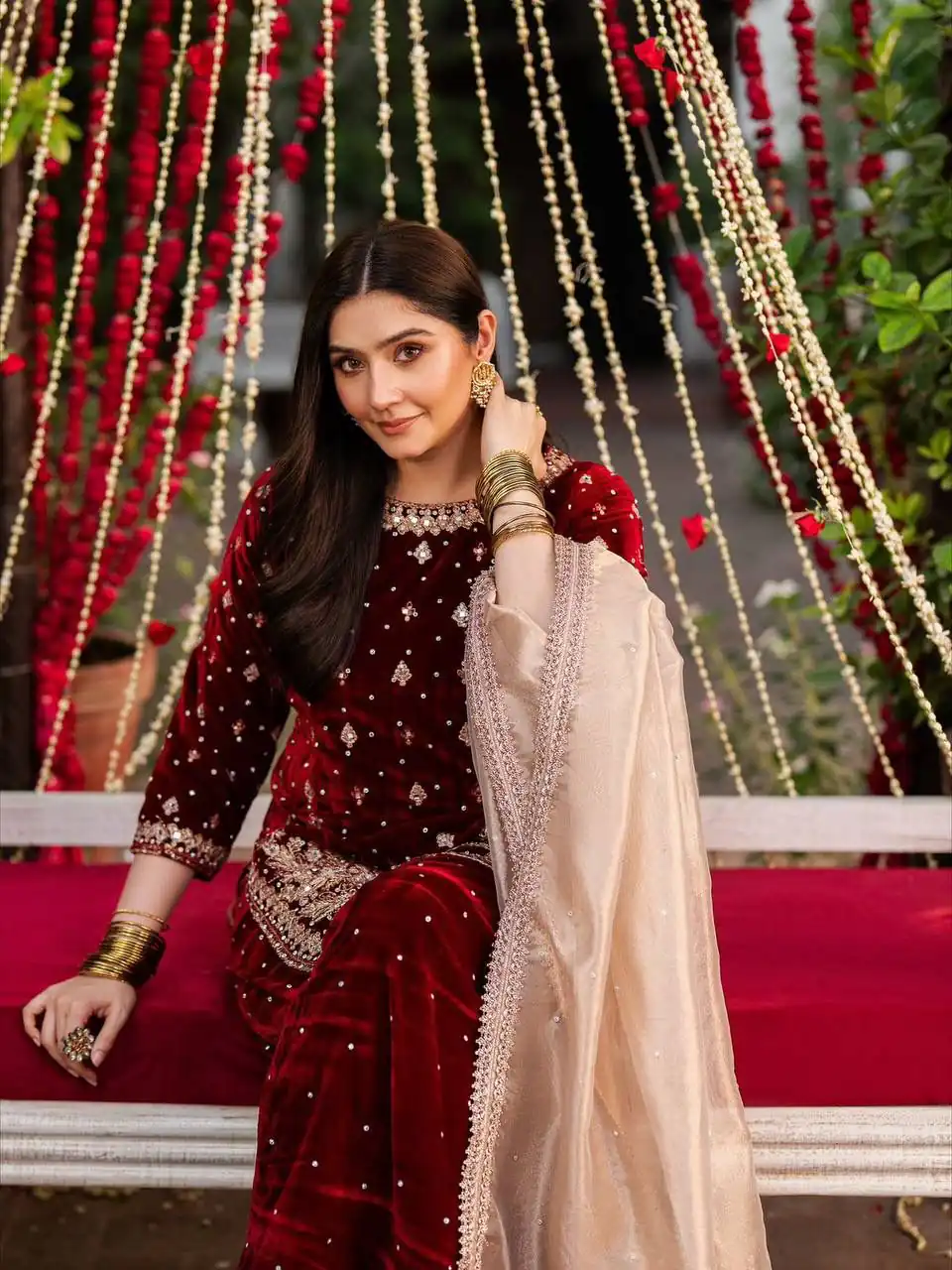 Maroon Velvet Rivet Moti Hand Work Salwar Suit - Image 2