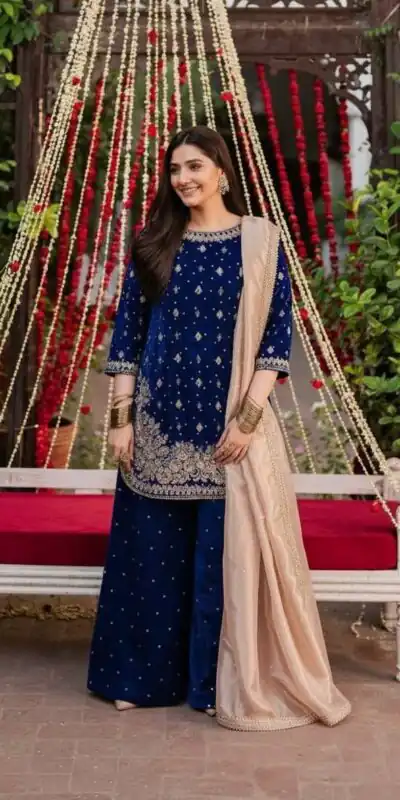 Blue Velvet Rivet Moti Hand Work Salwar Suit