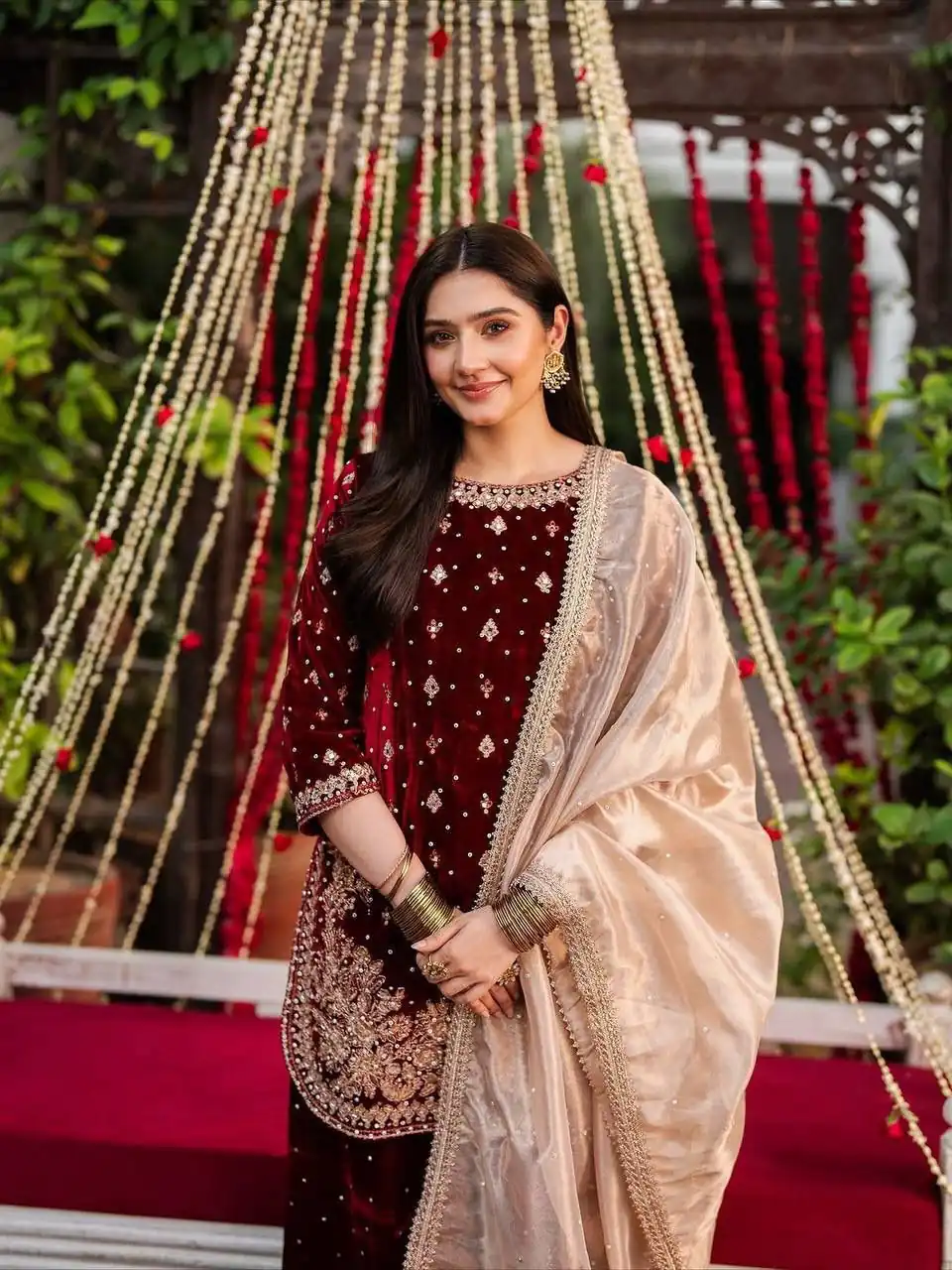 Maroon Velvet Rivet Moti Hand Work Salwar Suit - Image 3