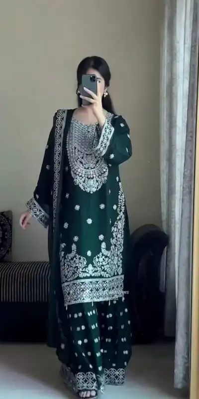 Green Faux Georgette Sequence Work Salwar Suit