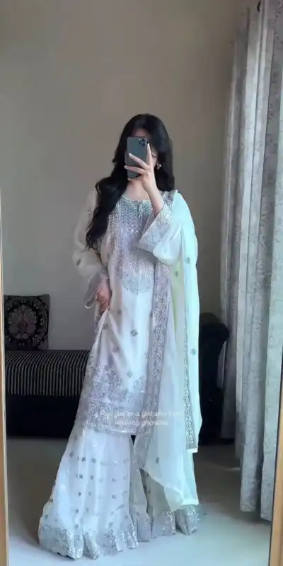 White Faux Georgette Sequence Work Salwar Suit