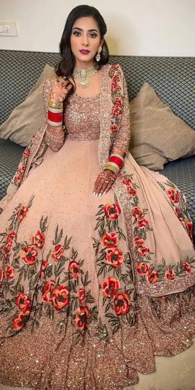Peach Georgette Embroidery Stone Work Gown