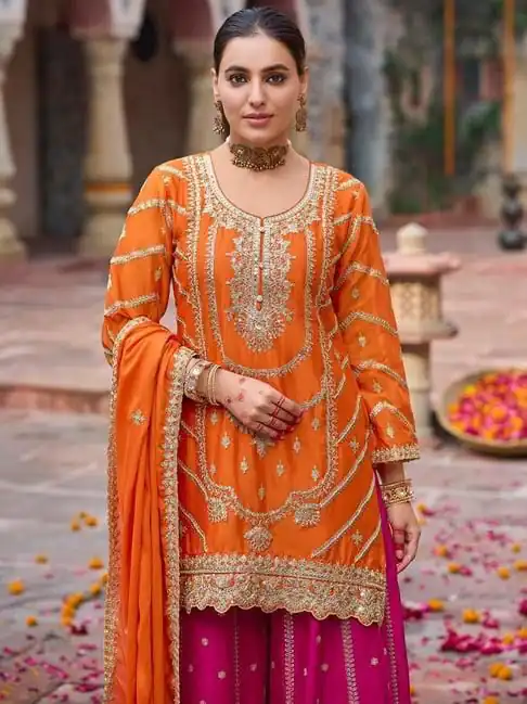 Orange Chinon Silk Lace Work Salwar Suit - Image 3
