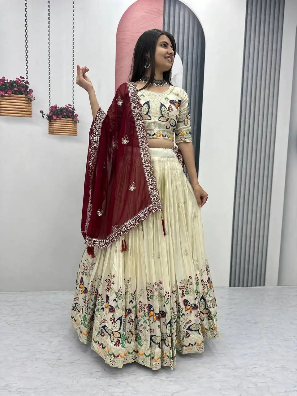 Maroon Tissue Silk Lace Thread Work Lehenga Choli