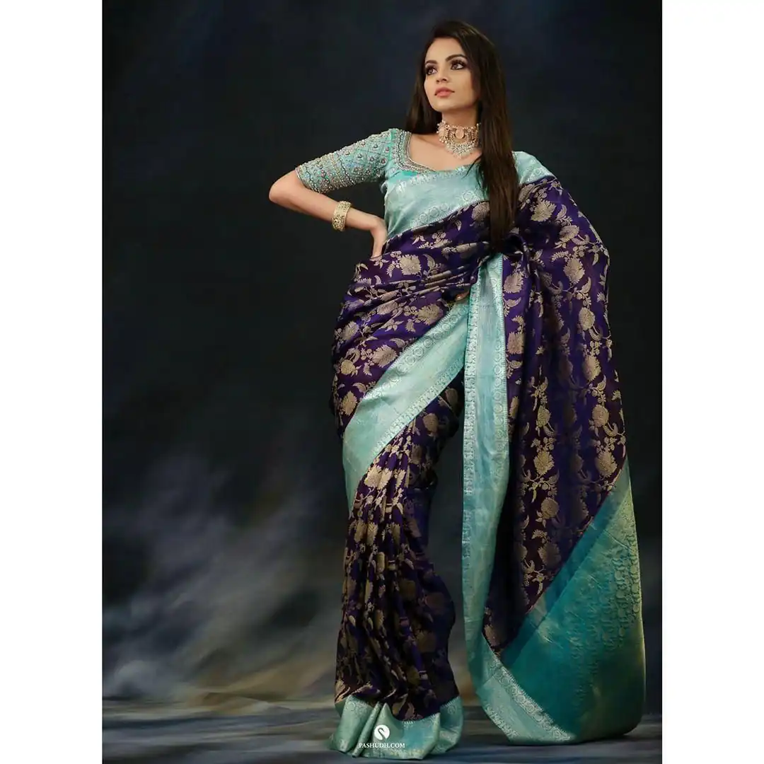 Navy Blue Soft Lichi Silk Border Jacquard Work Saree - Image 5