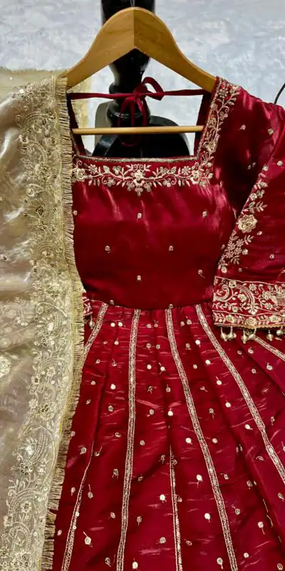 Maroon JC Silk Embroidery Lace Work Gown