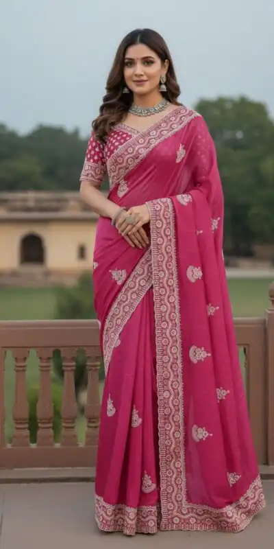 Pink Soft Gold Crush Embroidery Work Saree