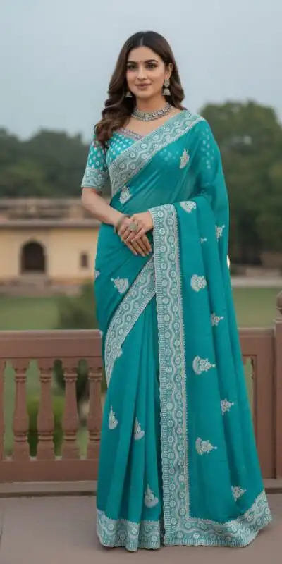 Sky Blue Soft Gold Crush Embroidery Work Saree