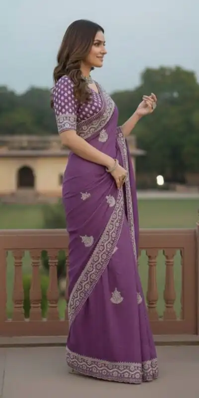 Purple Soft Gold Crush Embroidery Work Saree