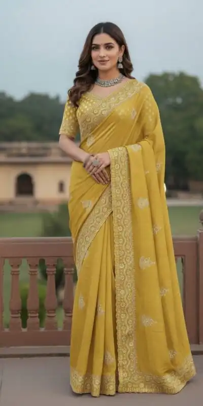 Yellow Soft Gold Crush Embroidery Work Saree
