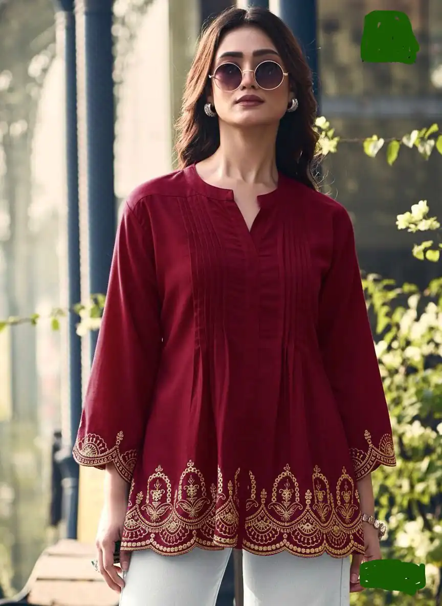 Maroon Rayon Cut Work Embroidery Kurti