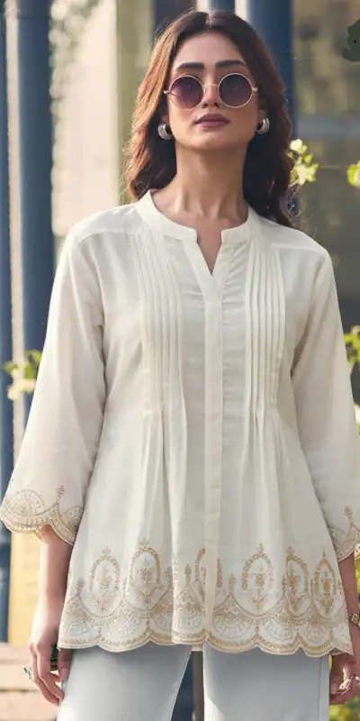 Cream Rayon Cut Work Embroidery Kurti