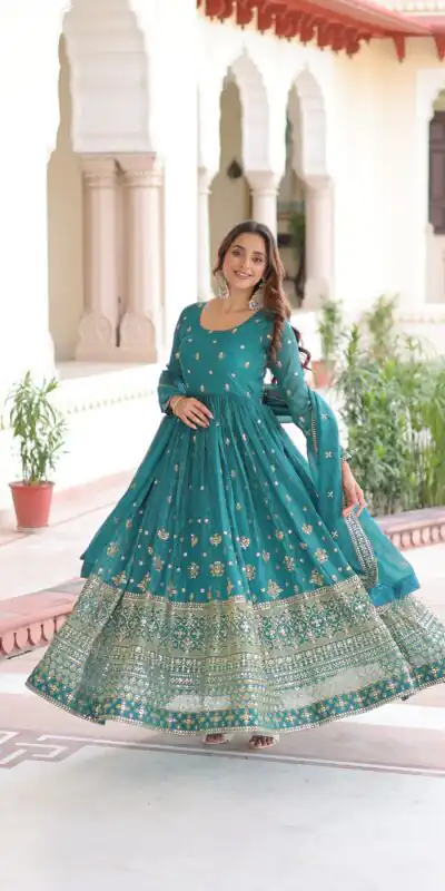 Firozi Silver Crunchy Embroidery Work Gown