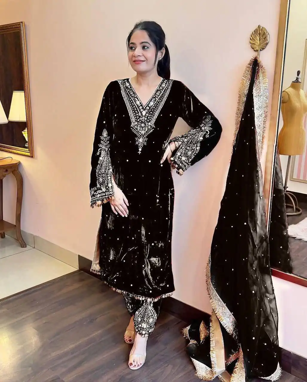 Black Viscose Velvet Embroidery Salwar Suit