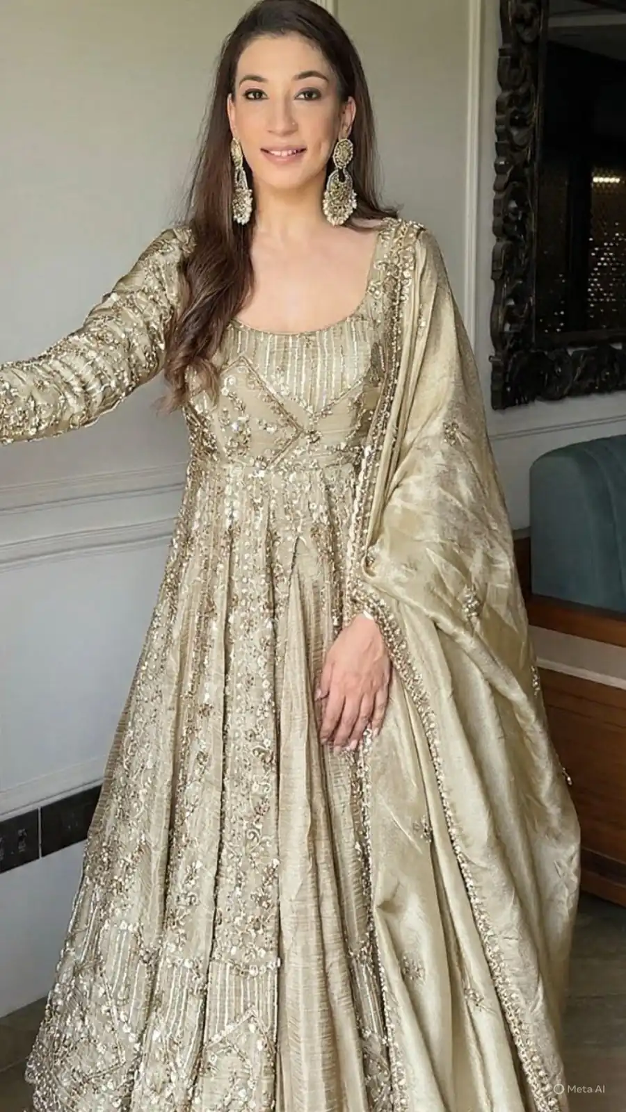 Cream Crunchy Silk Lace Embroidery Work Gown - Image 2
