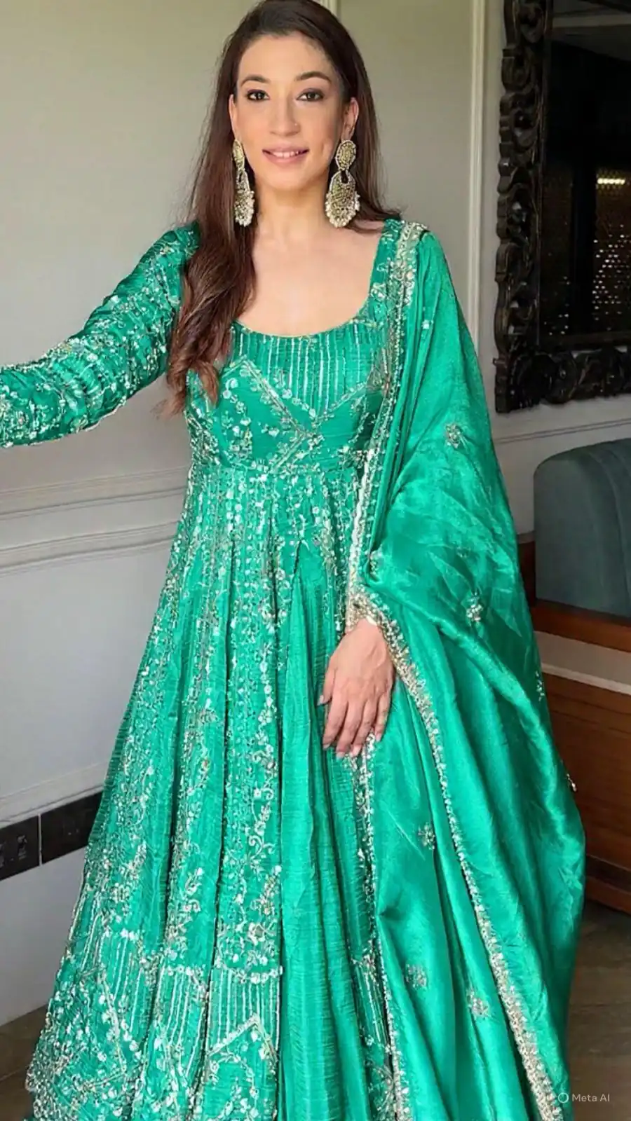 Firozi Crunchy Silk Lace Embroidery Work Gown - Image 2