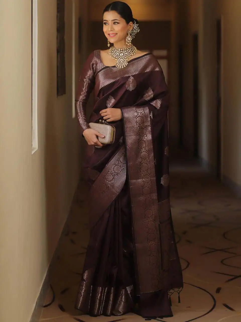 Wine Soft Lichi Silk Rich Pallu Border Saree