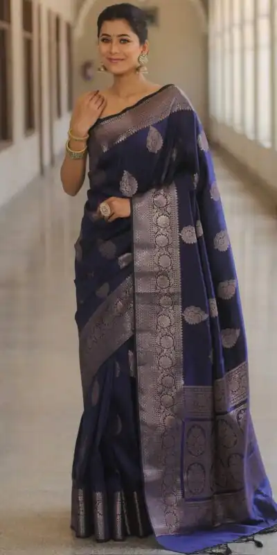 Navy Blue Soft Lichi Silk Rich Pallu Border Saree