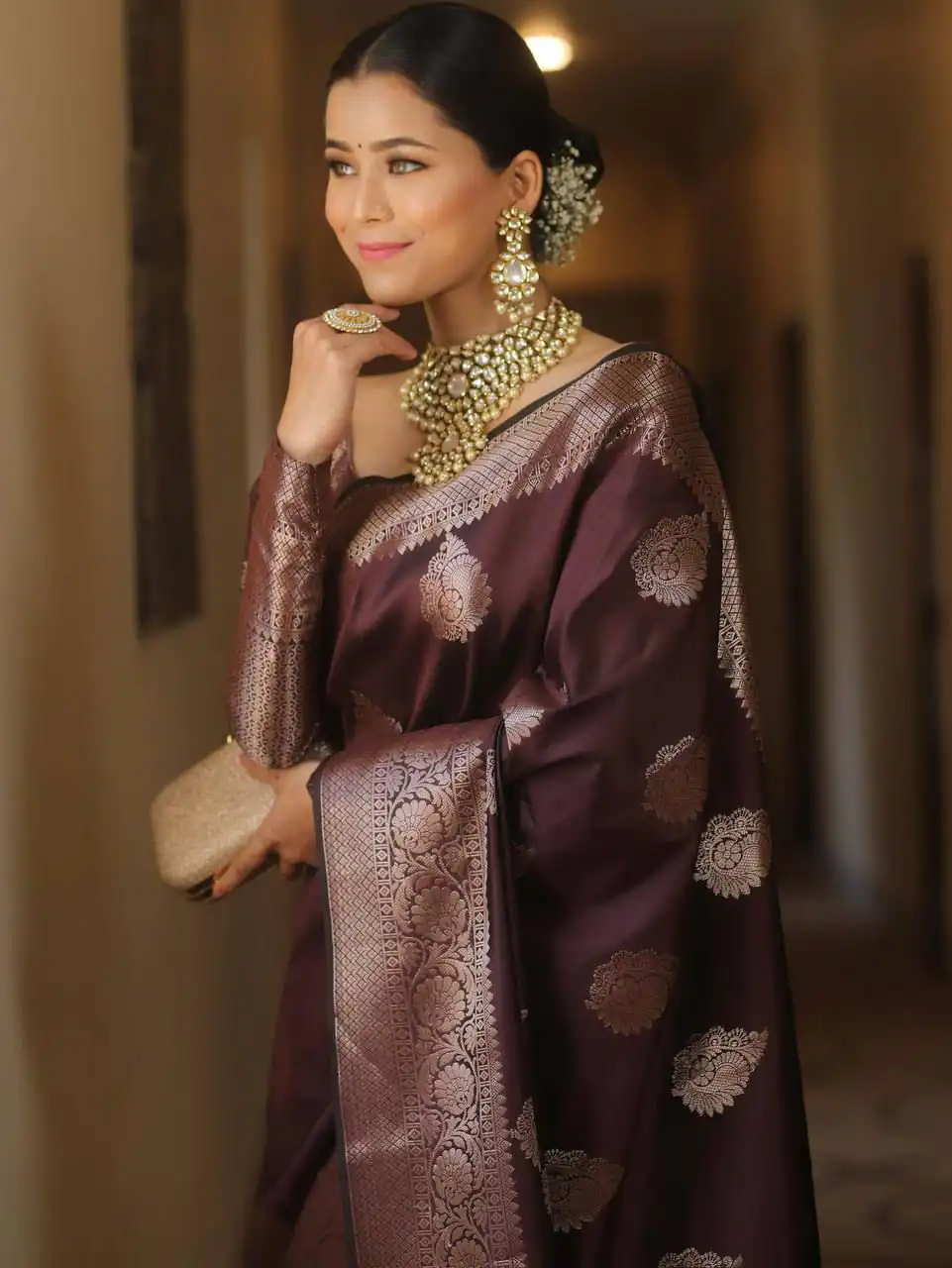 Wine Soft Lichi Silk Rich Pallu Border Saree - Image 3