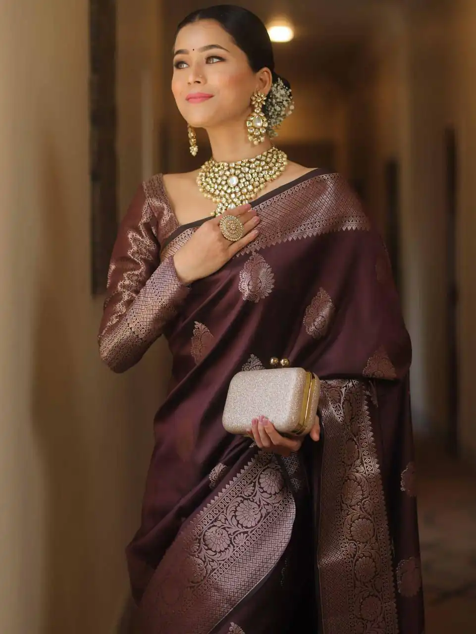 Wine Soft Lichi Silk Rich Pallu Border Saree - Image 4